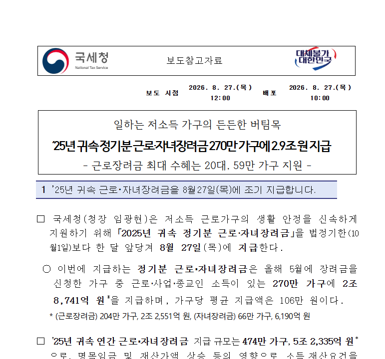 2025년 귀속 정기분 근로·자녀장려금 8월 27일 지급 안내