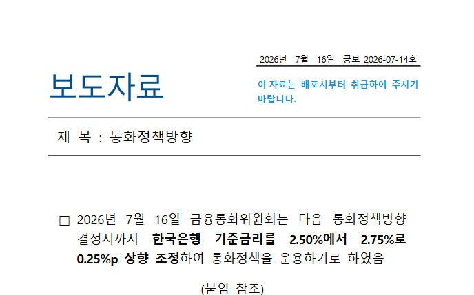 한국은행 기준금리 2.50%에서 2.75% 상향 조정 안내