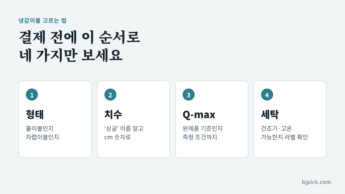 냉감이불 고르는 법 - 형태, 치수, Q-max 측정 조건, 세탁 라벨 4가지 확인 순서